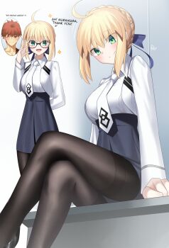 1boy 1girl absurdres ahoge artoria_pendragon_(fate) blonde_hair braid braided_bun chaldea_logo chalkboard crossed_legs emiya_shirou fate/grand_order fate_(series) feet_out_of_frame fishnet_pantyhose fishnets green_eyes hair_bun highres legs pantyhose pleated_skirt red_hair rey_r31_44 saber_(fate) senji_muramasa_(fate) skirt
