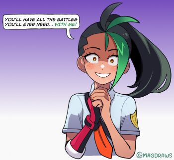1girl black_hair blush collared_shirt crazy dark-skinned_female dark_skin english_text fingerless_gloves freckles gloves green_hair hair_pulled_back highres long_hair looking_at_viewer mag_(magdraws) multicolored_hair naranja_academy_school_uniform necktie nemona_(pokemon) nintendo open_mouth orange_eyes orange_necktie own_hands_together pokemon pokemon_sv ponytail school_uniform shirt short_sleeves single_glove smile solo speech_bubble streaked_hair white_shirt yandere