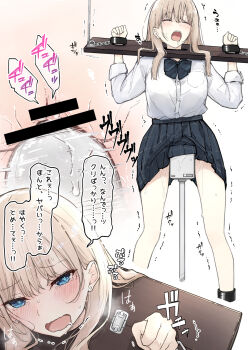 1girl anchor_(tie_down) bar_censor bdsm black_bow black_bowtie blonde_hair blue_eyes blush bondage bound bound_ankles bound_wrists bow bowtie censored check_translation clenched_hands clitoral_stimulation closed_eyes drooling earrings female_focus female_orgasm forced_orgasm highres hitachi_magic_wand jewelry long_hair moaning multiple_views nanonanno open_mouth orgasm original pillory pleated_skirt pussy pussy_juice pussy_juice_drip_through_clothes pussy_juice_trail restrained saliva saliva_trail school_uniform sex_machine sex_toy simple_background skirt solo standing tearing_up translation_request trembling vibrator vibrator_under_clothes