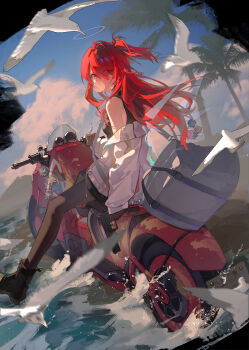 1girl absurdres alternate_hair_length_(longer) arknights bag beach bird black_boots black_pantyhose blowing_bubble_gum boots changdeng_ruye chewing_gum chinese_commentary cloud commentary_request day detached_wings exusiai_(arknights) from_behind full_body gun hair_over_one_eye halo highres holding holding_gun holding_weapon jacket long_hair long_sleeves looking_at_viewer looking_back motor_vehicle ocean off_shoulder on_scooter one_side_up outdoors palm_tree pantyhose red_hair scooter seagull sitting sky solo traditional_halo tree waves weapon white_jacket wings