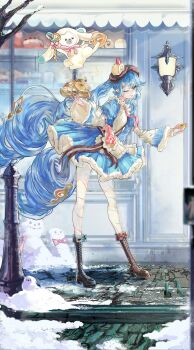 1girl absurdres animal apron aqua_eyes aqua_hair asymmetrical_legwear blue_bow blue_dress blue_eyes blue_hair blue_pantyhose blue_sleeves blush boots bow bowtie bread brown_boots brown_hat commentary_request dessert detached_sleeves double-parted_bangs dress dress_bow food food-themed_clothes food-themed_hat_ornament frilled_apron frills full_body fur-trimmed_dress fur-trimmed_sleeves fur_trim hair_between_eyes hair_ornament hat hat_ornament hatsune_miku heart highres holding holding_tongs holding_tray key knee_boots lamppost leaning_forward long_hair long_sleeves looking_at_viewer mismatched_legwear necktie official_alternate_costume official_alternate_hairstyle one_eye_closed open_mouth outdoors outline pantyhose pink_necktie pink_pantyhose puffy_short_sleeves puffy_sleeves rabbit rabbit_yukine short_sleeves smile snowflake_print striped_clothes striped_pantyhose tongs tray twintails two-tone_sleeves unwomagno very_long_hair vocaloid wavy_hair white_apron white_rabbit_(animal) wide_sleeves yuki_miku yuki_miku_(2026)