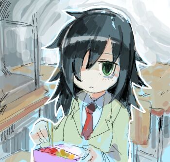1girl 831 bags_under_eyes bento black_hair blush chair collared_shirt desk eating green_eyes hair_over_one_eye kuroki_tomoko medium_hair necktie oekaki school school_chair school_desk school_uniform shirt simple_background watashi_ga_motenai_no_wa_dou_kangaetemo_omaera_ga_warui!