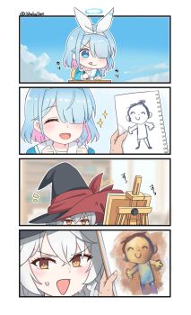 1boy 2girls 4koma absurdres arona_(blue_archive) blue_archive blue_eyes blue_hair blue_sky braid brown_eyes canvas_(object) closed_eyes comic doodle_sensei_(blue_archive) drawing_(object) eri_(blue_archive) grey_hair hat highres multicolored_hair multiple_girls paper pink_hair sensei_(blue_archive) single_braid sky smile twitter twitter_username two-tone_hair ushaku witch_hat