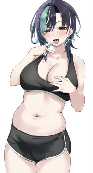 1girl black_hair black_shorts black_sports_bra blush breasts cleavage earrings green_hair gym_shorts hand_on_own_chest hand_to_own_mouth highres hololive hololive_dev_is jewelry kinkikids753 large_breasts midriff muffin_top multicolored_hair navel navel_piercing open_mouth piercing plump purple_hair red_eyes rindo_chihaya short_hair short_shorts shorts solo sports_bra standing steering_wheel tongue tongue_out tongue_piercing v v_over_mouth virtual_youtuber white_background white_hair wolf_cut