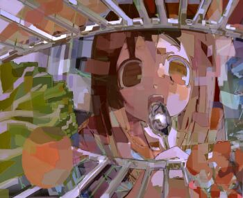Rule 34 | 1girl, azumanga daioh's school uniform, azumanga daiou, blywkissy2, brown eyes, brown hair, cabbage, chinese commentary, commentary request, distortion, fisheye, food, fruit, hand up, highres, holding, holding spoon, kasuga ayumu, long hair, looking at food, open mouth, pink serafuku, pink shirt, refrigerator, school uniform, serafuku, shirt, solo, spoon, vegetable