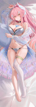 1girl aemeath_(wuthering_waves) alternate_costume arm_up bikini blush breasts cleavage closed_mouth commentary_request dakimakura_(medium) feet full_body hair_between_eyes halterneck highres holding holding_pillow large_breasts legs long_hair looking_at_viewer lying medium_breasts merchandise_available multi-strapped_bikini_bottom navel on_back orange_eyes paid_reward_available partial_commentary pillow pink_hair ponytail ru_zhai sidelocks single_bare_foot solo star-shaped_pupils star_(symbol) stomach string_bikini sweat swimsuit symbol-shaped_pupils tacet_mark_(wuthering_waves) thighs toes white_bikini wuthering_waves