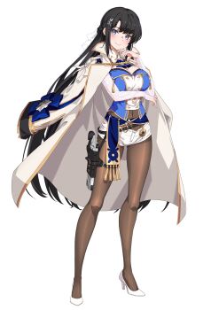 1girl arm_across_chest ascot black_hair blue_ascot blue_eyes blue_sash blue_shirt breasts cleavage coat coat_on_shoulders covered_navel dot_nose elbow_gloves eyebrows_hidden_by_hair fingerless_gloves fringe_trim full_body game_cg gloves gold_trim gun hair_ornament hand_on_own_chin high_heels highres holster isabel_(lost_sword) large_breasts long_hair lost_sword:_tales_of_britania official_art pink_lips ribbon sash see-through_clothes see-through_gloves shirt shoes shorts sidelocks solo standing tassel thigh_holster third-party_source transparent_background very_long_hair weapon white_coat white_gloves white_ribbon white_shoes white_shorts wrinkled_fabric
