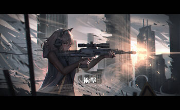 Rule 34 | 1girl, ammunition, animal ear headphones, animal ears, anti-materiel cartridge, anti-materiel rifle, bad id, bad pixiv id, blue eyes, bridal gauntlets, brown hair, building, bullpup, city, commentary request, english text, fake animal ears, finger on trigger, firing, from side, gepard gm6 lynx, girls' frontline, gm6 lynx (girls' frontline), gun, headphones, highres, holding, holding gun, holding weapon, hood, hood down, hungarian commentary, letterboxed, magnum cartridge, profile, rifle, rifle cartridge, scenery, scope, semi-automatic rifle, sero international kft, shell casing, short hair, skyscraper, sniper rifle, solo, upper body, weapon, witness holes, yurika-r
