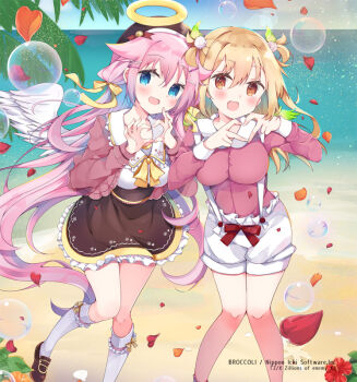 2girls beach blonde_hair blue_eyes brown_hat brown_shoes bubble cana_(z/x) copyright_notice feathered_wings flower four-finger_heart_hands green_wings hair_between_eyes hair_ornament hair_ribbon halo hat heart heart_hands hibiscus jacket long_hair marie_(z/x) multicolored_hair multiple_girls ocean official_art open_clothes open_jacket open_mouth outdoors pink_hair pink_jacket pink_shirt pom_pom_(clothes) pom_pom_hair_ornament red_petals ribbon satsuki_mayuri shirt shoes shorts thighhighs traditional_halo two_side_up white_shirt white_shorts white_thighhighs white_wings wings yellow_eyes yellow_ribbon z/x