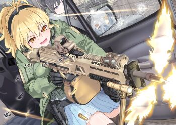 2boys 2girls black_gloves black_hair blonde_hair blue_skirt breasts broken_glass bullet_hole casing_ejection commentary_request ear_protection eotech firing glass gloves green_jacket gun hair_between_eyes handgun holding holding_gun holding_weapon holstered jacket kac_lamg large_breasts laser_sight light_machine_gun machine_gun microphone multiple_boys multiple_girls muzzle_flash open_mouth original pleated_skirt purple_eyes seiryouinryousui shell_casing skirt v-shaped_eyebrows weapon yellow_eyes