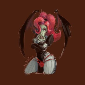Rule 34 | 1girl, black dress, breasts, brown background, commentary, crossed arms, cthulhu mythos, dress, english commentary, highres, large breasts, ln'eta, moodymashroom, mouth with tentacles, pink hair, ponytail, solo, sucker for love
