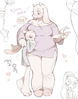 >_< 2girls :3 aliasing animal_ears animal_feet animal_hands arm_around_shoulder bare_shoulders barefoot blue_dress blue_pajamas blush body_fur book breasts closed_mouth covered_erect_nipples dress english_text female_focus from_side full_body furry furry_female furry_with_furry glasses goat_ears goat_girl goat_horns hand_on_another's_stomach hand_up happy heart heel_up height_difference highres holding holding_book horns hug interspecies korean_text large_breasts legs_together long_animal_ears long_sleeves looking_at_another looking_down looking_to_the_side mature_female mixed-language_text multiple_girls multiple_views notice_lines off-shoulder_shirt off_shoulder open_book original pajamas pants pince-nez pink_slippers plump purple-framed_eyewear purple_eyes purple_shirt rabbit_ears rabbit_girl semi-rimless_eyewear shirt short_dress side_slit simple_background size_difference sketch sleeves_past_wrists slippers small_horns smile snout speech_bubble spoken_heart standing taku_(taku_10288) talking toriel undertale utdr_(toby_fox) white_background white_fur white_pants wide-eyed wide_hips yuri