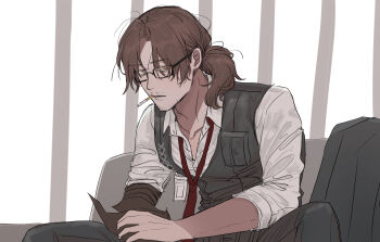 1boy absurdres arthropod_limbs bags_under_eyes beard_stubble belt black-framed_eyewear black-framed_glasses black_belt black_coat black_pants black_vest breast_pocket brown_eyes brown_hair buckle cigarette coat collarbone collared_shirt couch day dress_shirt expressionless facial_hair feet_out_of_frame from_side glasses gregor_(project_moon) hair_between_eyes hair_over_shoulder half-closed_eyes highres id_card indoors jitome limbus_company long_hair long_sleeves looking_at_viewer looking_to_the_side loose_necktie low_ponytail male_focus mouth_hold necktie on_couch own_hands_together pants parted_bangs parted_lips pocket ponytail project_moon red_necktie sanpaku semi-rimless_eyewear shirt sideways_glance sitting sleeves_pushed_up sleeves_rolled_up smoking solo stubble toned toned_male uibou00000 under-rim_eyewear unworn_coat upper_body vest white_background white_shirt window wing_collar