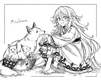 1girl barefoot basket highres long_hair monochrome original sitting very_long_hair wolf ytaoh