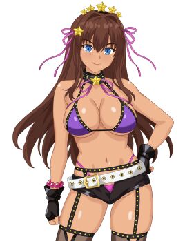 Rule 34 | 1girl, absurdres, aozaki aoko, bare shoulders, bb (fate), bb (swimsuit mooncancer) (second ascension) (fate), bb (swimsuit mooncancer) (second ascension) (fate) (cosplay), bead bracelet, beads, belt, bikini, black gloves, black shorts, black thighhighs, blue eyes, bracelet, breasts, brown hair, cleavage, cosplay, dark-skinned female, dark skin, fate/grand order, fate (series), fingerless gloves, garter belt, gloves, hair intakes, hair ornament, hair ribbon, hairband, highres, jewelry, justcuyo, large breasts, long hair, looking at viewer, mahou tsukai no yoru, micro shorts, navel, neck ribbon, purple bikini, ribbon, shorts, sidelocks, solo, star (symbol), star hair ornament, swimsuit, tan, thighhighs, thighs, white belt