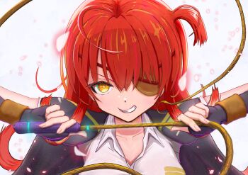 1girl absurdres ahoge asami_makiko_(heaven_burns_red) commentary_request eyepatch heaven_burns_red highres holding holding_leash leash looking_at_viewer medical_eyepatch psy_(artist) red_hair side_ahoge whip