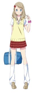 1girl absurdres arisa_(henkei_shoujo) bag blonde_hair blue_eyes full_body henkei_shoujo highres jewelry necklace official_art plaid_clothes plaid_skirt pleated_skirt red_skirt school_uniform serafuku shirt skirt socks solo yellow_shirt