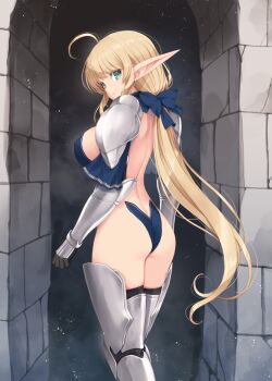 1girl ahoge armor armored_boots armored_gloves armored_legwear ass back backless_outfit bare_back black_gloves blonde_hair blue_bow blue_collar blue_leotard boots bow breasts collar commentary_request elf gauntlets gloves green_eyes highleg highleg_leotard kirishima_satoshi large_breasts leotard leotard_elf_knightess_(kirishima_satoshi) long_hair long_pointy_ears looking_back original pauldrons pointy_ears shoulder_armor shoulder_blades sideless_leotard solo stone_wall super_highleg very_long_hair