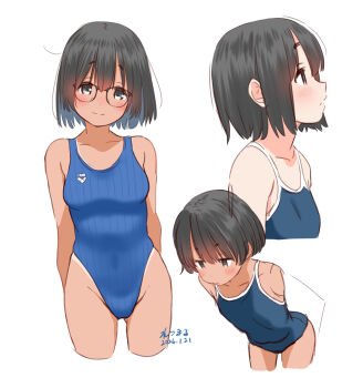 3girls artist_name black_hair blue_one-piece_swimsuit breasts brown_eyes commentary_request competition_school_swimsuit competition_swimsuit cropped_legs dated glasses highleg highleg_one-piece_swimsuit multiple_girls one-piece_swimsuit one-piece_tan original retsumaru school_swimsuit short_hair small_breasts smile striped_clothes striped_one-piece_swimsuit swimsuit tan tanline upper_body