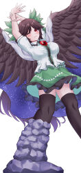Rule 34 | 1girl, absurdres, arms up, bird wings, black thighhighs, black wings, blush, breasts, brown hair, cape, closed mouth, commentary request, frilled shirt, frilled shirt collar, frilled skirt, frills, from below, frown, gradient hair, green ribbon, green skirt, hand on own arm, highres, juliet sleeves, large breasts, long hair, long sleeves, looking to the side, mizunisabano, multicolored hair, one eye closed, puffy short sleeves, puffy sleeves, purple hair, red eyes, reiuji utsuho, ribbon, shirt, shoes, short sleeves, single shoe, skirt, solo, starry sky print, stretching, thighhighs, third eye on chest, touhou, two-tone hair, very long hair, white background, white shirt, white sleeves, wings