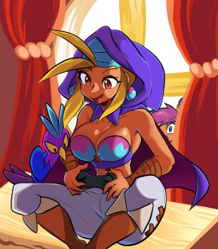 absurdres bed bird blonde_hair boots breasts brown_eyes cleavage controller dark-skinned_female dark_skin earrings egg_earrings game_controller hawk highres hood jewelry large_breasts looking_down missandydandy open_mouth pants shantae shantae_(series) sitting sky_(shantae) smile white_pants window