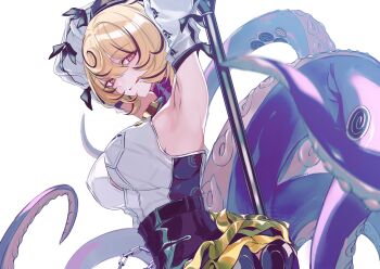 1girl absurdres accessories armpits arms_up black_bow black_hat blonde_hair bow breasts button_gap commentary_request detached_sleeves from_side green_pupils hair_between_eyes hat high-waist_shorts highres holding holding_behind_back holding_weapon holding_weapon_behind_back large_breasts looking_at_viewer mole mole_under_mouth monster_girl octopus purple_eyes sas_(ls08b) scylla shirt short_hair shorts solo tentacle_girl tentacle_tail tentacles tongue tongue_out weapon white_background white_shirt white_sleeves yidhari_murphy zenless_zone_zero