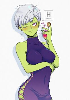 1girl absurdres blush breasts cheelai colored_skin covered_navel dragon_ball dragon_ball_super drunk female_focus green_skin highres hydedrogen large_breasts licking_lips looking_at_viewer nail_polish one_eye_closed pink_eyes short_hair solo tongue tongue_out white_hair wink