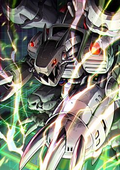 android armor artist_request cannon claws digimon digimon_(creature) electricity fangs full_armor highres looking_at_viewer machine mecha mugendramon no_humans open_mouth robot simple_background solo tail wire