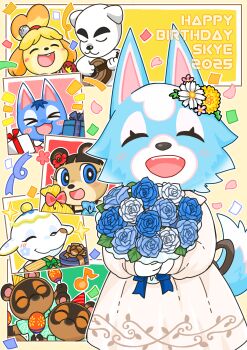 Rule 34 | 2025, 3boys, 5girls, :d, ^ ^, absurdres, animal crossing, animal crossing: new horizons, animal ears, birthday, bouquet, closed eyes, commentary request, dress, flower, furry, furry female, furry male, hair flower, hair ornament, happy, happy birthday, haretaka, highres, holding, holding bouquet, isabelle (animal crossing), june (animal crossing), k.k. slider (animal crossing), multiple boys, multiple girls, nintendo, open mouth, rosie (animal crossing), skye (animal crossing), smile, solo focus, tail, tia (animal crossing), timmy (animal crossing), tommy (animal crossing), white dress, wolf ears, wolf girl, wolf tail