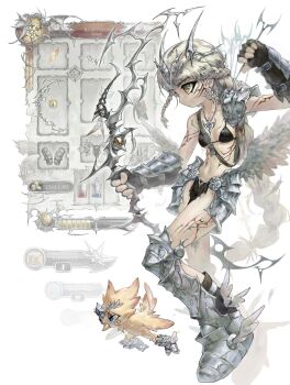 1girl armor arrow_(projectile) b0throps bikini bird black_bikini black_loincloth bow_(weapon) braid braided_ponytail braided_sidelocks coin cyber_sigilism earrings eyeliner facial_tattoo feathers fingerless_gloves full_body gameplay_mechanics gauntlets gloves gold_coin greaves half_up_braid highres holding holding_arrow holding_bow_(weapon) holding_weapon jewelry loincloth long_hair makeup necklace original pauldrons personification plate_armor poleyn sabaton shoes shoulder_armor shoulder_strap single_bare_shoulder single_pauldron sparkle swimsuit tattoo thigh_armor tiara weapon white_background winged_shoes wings yellow_eyes