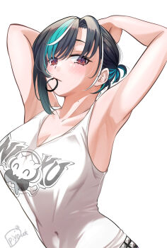 1girl armpits arms_behind_head arms_up black_hair breasts cleavage hair_tie_in_mouth highres hololive hololive_dev_is large_breasts looking_at_viewer mole mole_on_neck mouth_hold multicolored_hair piyoduck red_eyes rindo_chihaya rindo_chihaya_(1st_costume) simple_background solo streaked_hair tank_top upper_body virtual_youtuber white_background white_tank_top