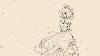 Rule 34 | 1girl, ahoge, arms behind back, breasts, cherry blossoms, cleavage, dress, elbow gloves, feet out of frame, floral print, gloves, greyscale, highres, kay yu, large breasts, lineart, looking at viewer, medium hair, monochrome, non-web source, original, pink-haired girl (kay yu), ponytail, sleeveless, sleeveless dress, smile, solo