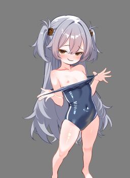 1girl absurdres bad_tag blue_archive blush clothes_pull covered_navel cunvaroy feet female_focus flat_chest grey_background grey_hair hair_ornament highres kanoe_(blue_archive) legs loli looking_at_viewer mesugaki nipples one-piece_swimsuit orange_eyes short_twintails smile solo standing swimsuit swimsuit_pull thighs twintails