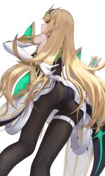 Rule 34 | 1girl, absurdres, ass, bare shoulders, black pantyhose, blonde hair, clothes lift, dress, dress lift, drop earrings, earrings, elbow gloves, from behind, from below, gloves, headpiece, highres, jewelry, lifting own clothes, long hair, looking at viewer, looking back, mythra (xenoblade), panties, panties under pantyhose, pantyhose, pantyshot, solo, standing, swept bangs, takahashi hizumi, thigh strap, tiara, underwear, very long hair, white dress, white panties, xenoblade chronicles (series), xenoblade chronicles 2, yellow eyes