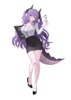 1girl :d absurdres black_bra black_shoes black_skirt bra bra_peek breasts button_gap cleavage collared_shirt double-parted_bangs dragon_girl dragon_horns dragon_tail full_body glasses hair_intakes hashtag-only_commentary high_heels highres holding holding_removed_eyewear horns kebi_(soo_owl) korean_text lanyard large_breasts leg_up long_hair long_sleeves miniskirt nail_polish no_wings office_lady open_mouth pencil_skirt pumps purple_hair purple_nails sakihane_huya shirt shirt_tucked_in shoes simple_background skirt smile solo standing stellive tail translation_request two_side_up underwear unworn_eyewear very_long_hair virtual_youtuber wavy_hair white_background white_shirt yellow_eyes