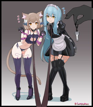 1boy 1girl absurdres animal_ear_fluff animal_ears animal_hands animegao armbinder arms_behind_back bikini black_hair black_thighhighs blue_hair boots bound bound_arms bound_together brown_eyes brown_hair cat_lingerie character_request chastity_cage collar copyright_request cosplay egg_vibrator felix_argyle flat_chastity_cage flat_chest gag_under_mask gloves high_heels highres key kigurumi leash long_hair looking_at_object lumpychan maid maid_headdress mask mask_on_head paw_gloves purple_thighhighs re:zero_kara_hajimeru_isekai_seikatsu rimuru_tempest sex_toy shibari side-tie_bikini_bottom skindentation small_chastity_cage small_penis standing swimsuit tail teeth tensei_shitara_slime_datta_ken thigh_boots thighhighs trap very_long_hair vibrator yellow_eyes