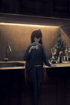 1girl artist_request blue_panties blue_pants blue_skirt blue_sweater bottle brown_hair casual casual coffee_maker coffee_mug coffee_pot counter countertop cup cupboard dark_room female_focus girls'_frontline hand_on_table highres hot_drink kitchen kofi light long_hair long_sleeves looking_at_viewer mug panties pants plant scar scar_across_eye scar_on_face shirt sink skirt smile standing sweater ump45_(girls'_frontline) underwear white_shirt yellow_eyes