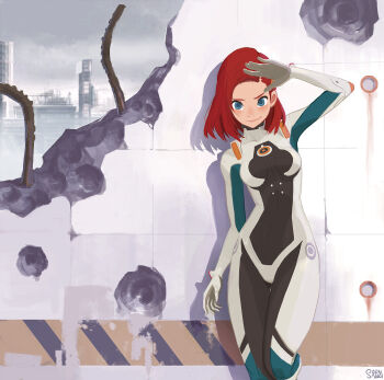 1girl arm_up blue_eyes bodysuit breasts building city destruction hand_up highres hong_soon-sang looking_at_viewer multicolored_bodysuit original rebar red_hair salute short_hair standing two-tone_bodysuit white_bodysuit