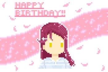 1girl 8-bit artist_name artist_request blush breasts brown_eyes collarbone dress earrings feather_earrings feathers female_focus hair_between_eyes hair_ornament hairclip jewelry long_hair looking_at_viewer love_live! love_live!_school_idol_festival love_live!_sunshine!! love_spiral_tower_(love_live!) parted_lips petals pink_background pink_petals plaid_clothes plaid_dress pleated pleated_dress puffy_short_sleeves puffy_sleeves red_hair sakurauchi_riko short_sleeves small_breasts smile solo the_story_of_feather_(love_live!) upper_body white_background white_dress yellow_eyes