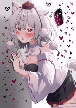 1girl absurdres animal_ear_fluff animal_ears black_skirt blush breasts cleavage commentary_request cowboy_shot detached_sleeves garter_straps grey_hair hat heart heart-shaped_pupils highres inubashiri_momiji large_breasts leaning_forward miniskirt ninzin_88hon open_clothes open_mouth open_shirt pom_pom_(clothes) red_eyes red_hat red_skirt ribbon-trimmed_sleeves ribbon_trim shirt short_hair skirt sleeveless sleeveless_shirt solo symbol-shaped_pupils tail thighhighs tokin_hat touhou two-tone_skirt white_shirt white_sleeves white_thighhighs wolf_ears wolf_girl wolf_tail