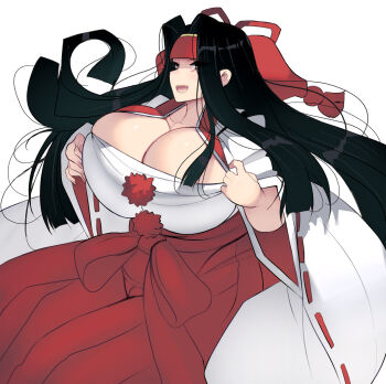 Rule 34 | 1girl, :d, alternate breast size, breasts, cleavage, fingernails, hakama, hakama skirt, headband, huge breasts, japanese clothes, kimono, kouno (masao), long fingernails, miko, nail polish, open mouth, rashojin mizuki, rashoujin mizuki, red headband, red skirt, skirt, smile, tagme, white kimono