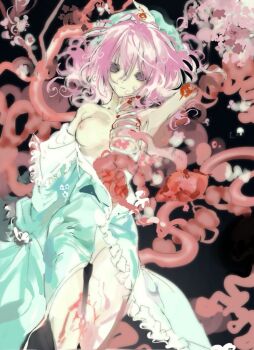 1girl blood blue_kimono bone breasts cherry_blossoms dismemberment empty_eyes frilled_kimono frills guro hat intestines japanese_clothes kimono liver long_sleeves medium_breasts mob_cap pink_eyes pink_hair ribs saigyouji_yuyuko sesmkun short_hair solo touhou triangular_headpiece