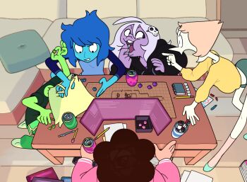 4girls amethyst_(steven_universe) blonde_hair blue_hair colored_skin diamond-shaped_hair discount-supervillain dungeons_&amp;_dragons eating forehead_jewel green_skin hair_ornament highres lapis_lazuli_(steven_universe) multiple_girls open_mouth pearl_(steven_universe) peridot_(steven_universe) skull_hair_ornament steven_quartz_universe steven_universe steven_universe:_future steven_universe_future