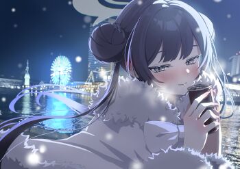 1girl absurdres alternate_costume black_hair blue_archive bow braid braided_bun can canned_coffee double_bun drink_can floating_hair fur-trimmed_sleeves fur_collar fur_trim grey_eyes grey_halo hair_bun half-closed_eyes halo hands_up highres holding holding_can kisaki_(blue_archive) light_smile long_hair looking_at_viewer mugi_(marineblue134) photo_background solo twintails upper_body white_bow