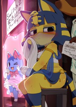 1boy 2girls ancient_egyptian animal_crossing animal_ears ankha_(animal_crossing) black_eyes blue_hair blush breasts cat_ears cat_girl cat_tail closed_mouth commentary_request dagasi dancer furry furry_female highres holding holding_microphone looking_at_viewer microphone mouth_veil multiple_girls nintendo rosie_(animal_crossing) short_hair sitting small_breasts tail tom_nook_(animal_crossing) veil