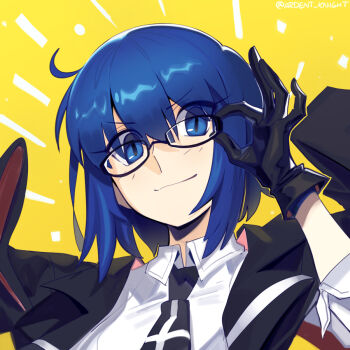 1girl ahoge black_gloves black_jacket blue_eyes blue_hair boa_(brianoa) breasts c.i.e.l_(fate) ciel-sensei_(fate) ciel_(tsukihime) collared_shirt fate/grand_order fate_(series) glasses gloves jacket jacket_on_shoulders looking_at_viewer medium_breasts necktie shirt short_hair sleeves_rolled_up smile solo white_shirt