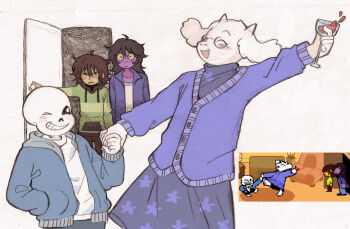 1boy 1other 2girls alcohol alternate_skin_color animal_ears blush closed_eyes colored_skin cup dancing deltarune drinking_glass drunk freckles furry furry_female goat goat_ears goat_girl goat_horns highres holding holding_cup hood hoodie horns jacket kris_(deltarune) mature_female multiple_girls one_eye_closed open_mouth purple_skin reptile_girl sans_(undertale) shirt skeleton smile spoilers susie_(deltarune) szivarvanyturmix02 toriel utdr_(toby_fox) white_fur wine wine_glass wink
