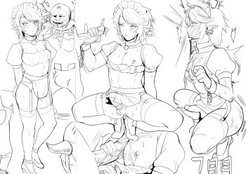 2boys alternate_costume apron arms_behind_back blush breasts broken broken_chain bulge caressing_testicles chain choker crop_top crossdressing crossdressing_(mtf) cum cum_in_mouth deepthroat drooling ear_piercing ear_tag elf erection erection_under_clothes fellatio full_body garter_straps girly_boy grabbing_another's_hair hand_on_another's_head handjob headdress high_heels highres holding_another's_hair horns interspecies irrumatio king_bulblin link linked_piercing maid maid_headdress male_focus male_maid monochrome monster motion_lines multiple_boys multiple_views naizuri name_tag nintendo nipple_chain nipple_piercing nipples oral paizuri penis piercing pointy_ears precum sequential simple_background sketch spread_legs squatting standing sweat swept_bangs tamatamako01 testicles the_legend_of_zelda the_legend_of_zelda:_twilight_princess thighhighs thighs trap uncensored veins veiny_penis white_background yaoi