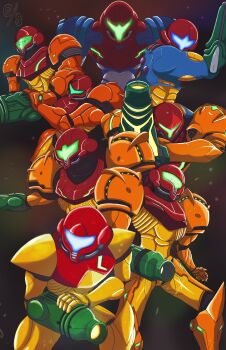 6+girls absurdres arm_cannon armor blue_visor commentary english_commentary fusion_suit genmathesamurai green_visor highres metroid metroid:_other_m metroid:_samus_returns metroid:_zero_mission metroid_dread metroid_fusion metroid_prime_1 metroid_prime_2:_echoes multiple_girls nintendo normal_suit_(metroid) power_armor power_suit_(metroid) samus_aran super_metroid varia_suit weapon