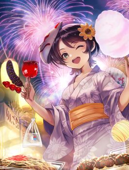 1girl ;d aerial_fireworks animal bag bagged_fish black_hair blush breasts brown_flower candy_apple chocolate-covered_food chocolate_banana commentary_request cotton_candy fireworks fish floral_print flower food fox_mask fruit green_eyes grey_kimono hair_flower hair_ornament hand_fan highres holding holding_food hololive holonatsu_paradise japanese_clothes kimono lantern long_sleeves looking_at_viewer market_stall mask mask_on_head medium_breasts night night_sky obi one_eye_closed oozora_subaru open_mouth outdoors paper_fan paper_lantern plastic_bag print_kimono rin2008 sash sky smile solo strawberry summer_festival takoyaki teeth uchiwa upper_teeth_only virtual_youtuber water wide_sleeves